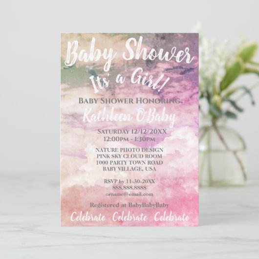 PINK SKY CLOUDS FOTO BABY GIRL SHOWER INVITATION KAART (Staand voorkant)