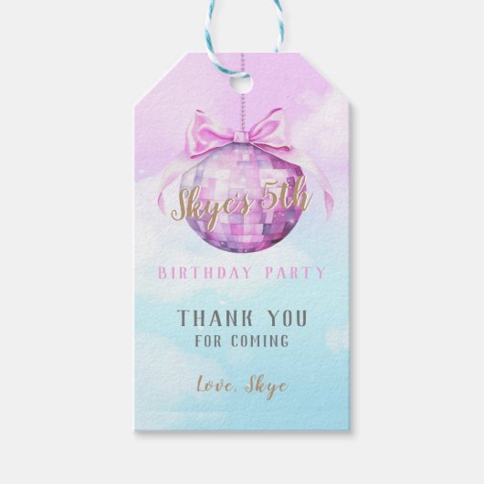 Pink Sky Discoball Meisje Verjaardag Uitnodiging Cadeaulabel (Voorkant)
