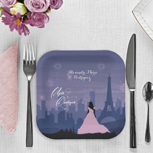 Pink & Slate Blue Paris Fireworks Quinceañera Tri- Papieren Bordje