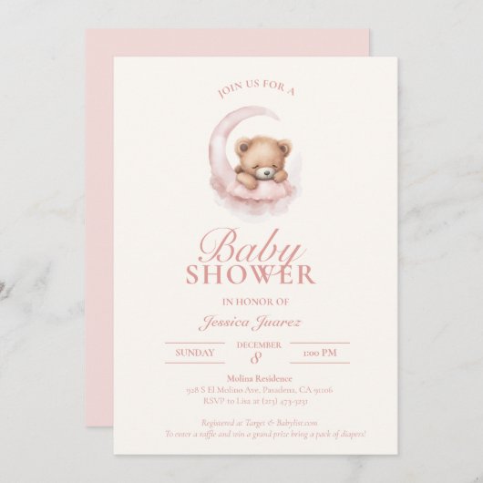 Pink Sleepy Teddy Bear Baby shower Uitnodiging (Voorkant / Achterkant)