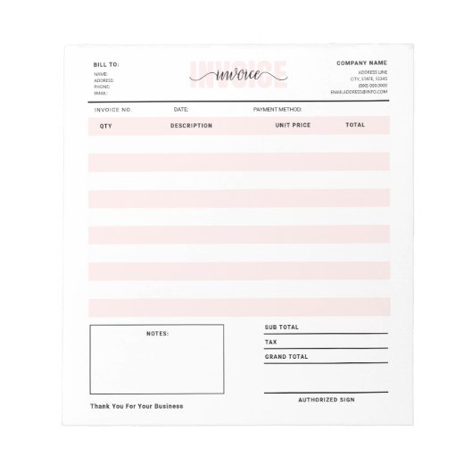 Pink Small Business Factuur Verkoopbon Bestellen Notitieblok (Voorkant)