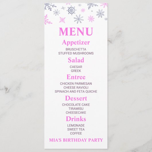 Pink Snowflake Anniversaire Fête Menu Aliments (Devant)