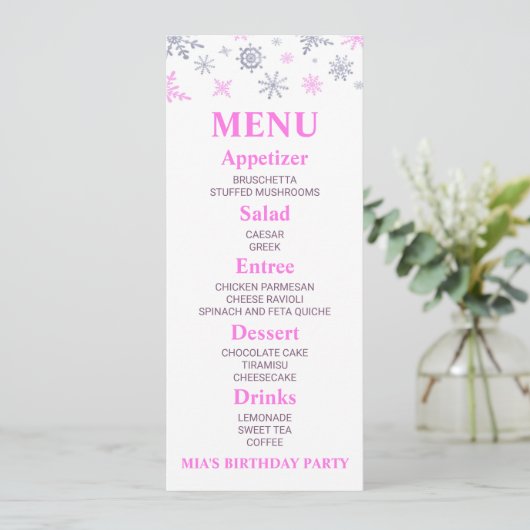 Pink Snowflake Anniversaire Fête Menu Aliments (Debout devant)