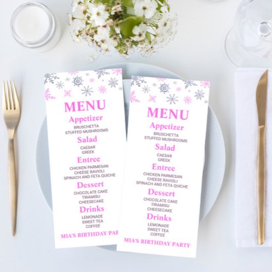 Pink Snowflake Anniversaire Fête Menu Aliments