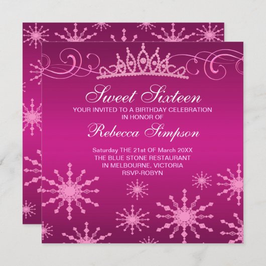 Pink Snowflake & Tiara Design Invitation Anniversa (Devant / Derrière)