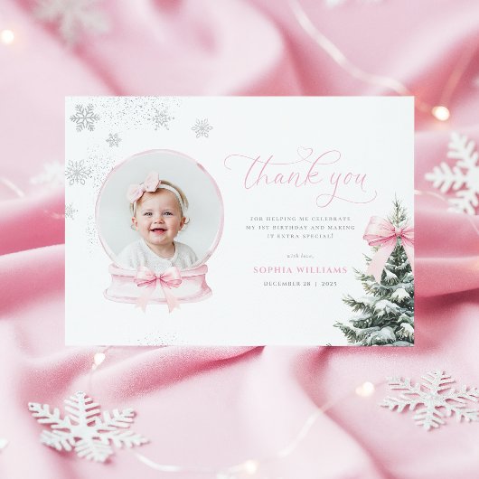 Pink Snowglobe Winter Onederland First Birthday Th Bedankkaart