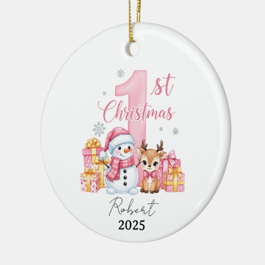 Pink Snowman Baby eerste kerstdag Keramisch Ornament (Links)