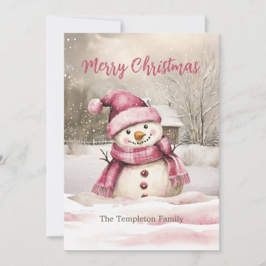 Pink Snowman Vintage Noël Appartement Carte de vac (Devant)