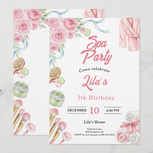 Pink Spa Party Invitation for Girl's 7th Birthday (Devant / Derrière)