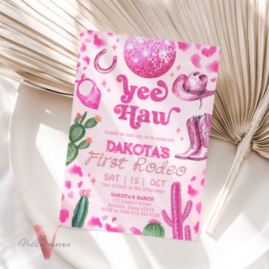 Pink Space Cowgirl eerste Rodeo verjaardagsuitnodi Kaart