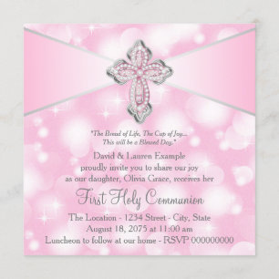 Pink Sparkle Cross First Heilige Communie Kaart
