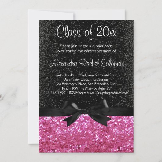 Pink Sparkle look Black Bow Graduation Invitation (Devant)