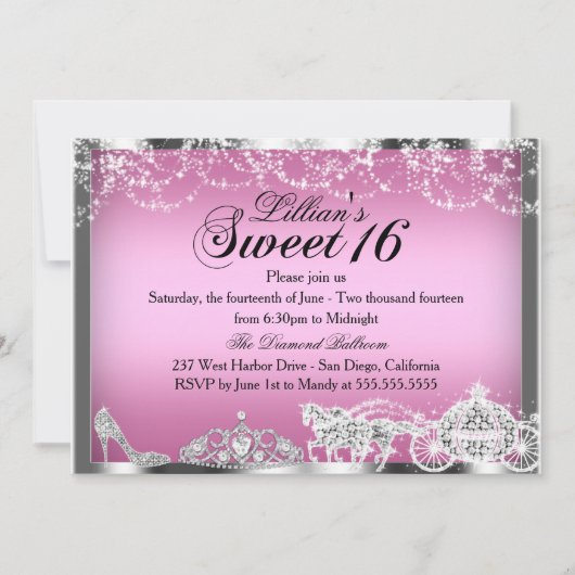 Pink Sparkle Princess Theme Sweet 16 Invitation (Devant)
