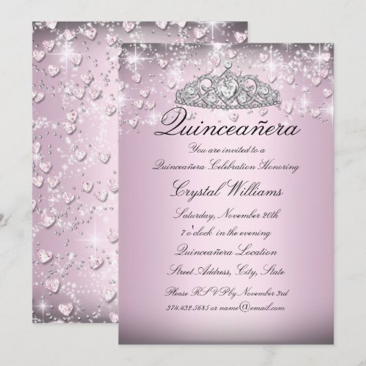 Pink Sparkle Tiara & Hearts Quinceanera Invitation (Devant / Derrière)