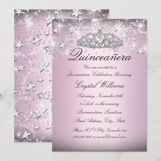 Pink Sparkle Tiara Stars Quinceanera Invitation (Devant / Derrière)