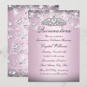 Pink Sparkle Tiara Stars Quinceanera Invitation