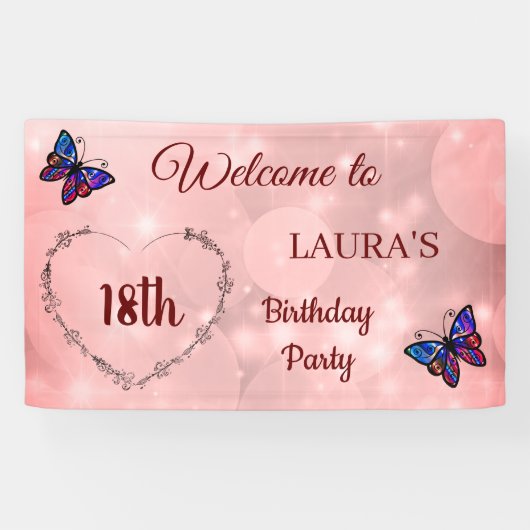 Pink Sparkly Butterfly gepersonaliseerd 18th Birth Spandoek (Horizontaal)