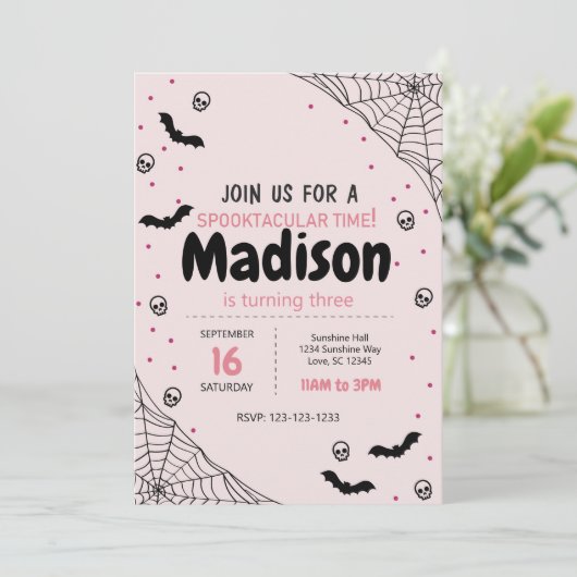 Pink Spider Web Halloween Invitation d'anniversair (Debout devant)