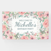 Pink Springtime Floral Greenery Birthday Spandoek (Horizontaal)