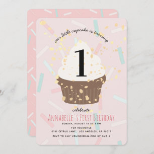 Pink Sprinkings Cupcake Invitation d'anniversaire