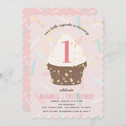 Pink Sprinkings Cupcake Invitation d'anniversaire (Devant / Derrière)