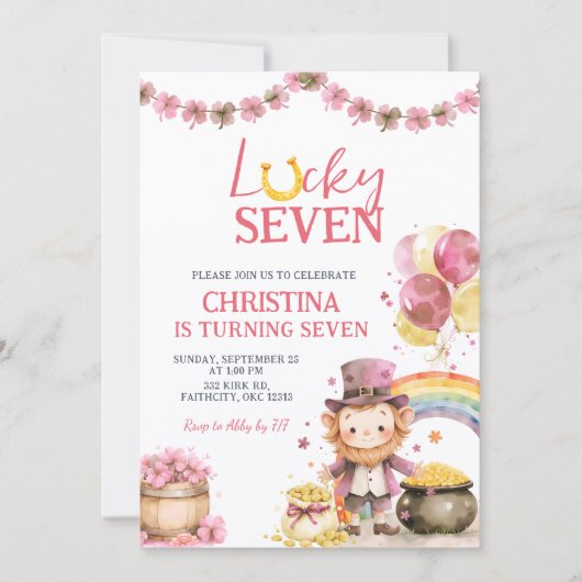 Pink St Patrick Lucky Seven Birthday Invitation (Devant)