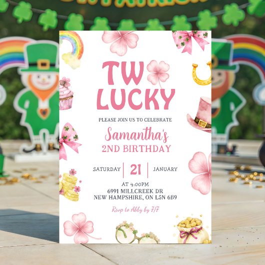 Pink St Patrick Two Lucky Birthday Invitation