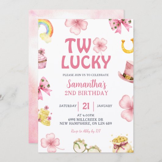 Pink St Patrick Two Lucky Birthday Invitation (Devant / Derrière)