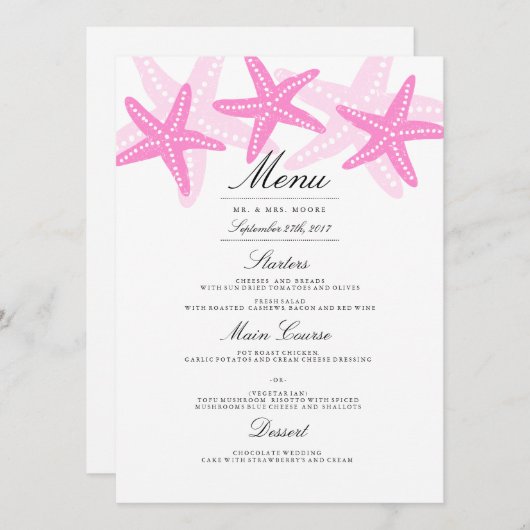 Pink Starfish Beach Menu de mariage (Devant / Derrière)