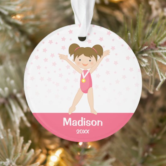 Pink Stars Brunette Girl Gymnastics Personalized Ornament (Boom)