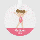 Pink Stars Brunette Girl Gymnastics Personalized Ornament (voorkant)