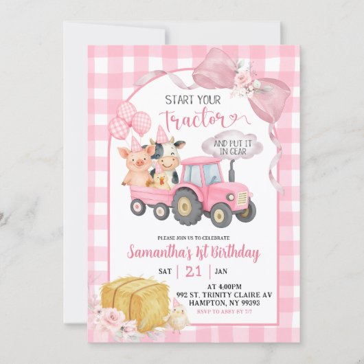 Pink Start Your Tractor Farm Animals Birthday Kaart (Voorkant)