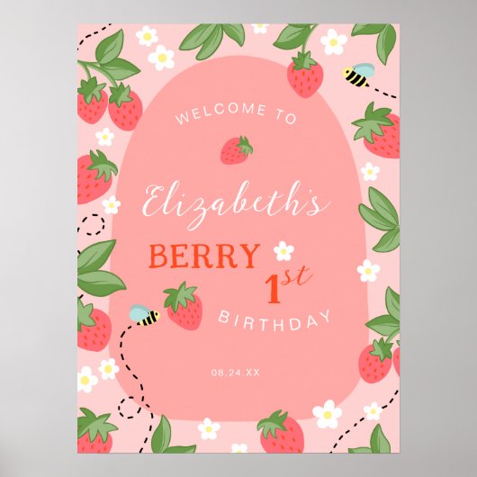 Pink Strawberry Berry First Birthday Welcome Poster (Voorkant)
