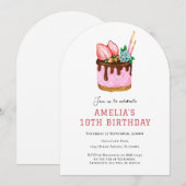 Pink Strawberry Cake verjaardagsuitnodiging Kaart (Voorkant / Achterkant)
