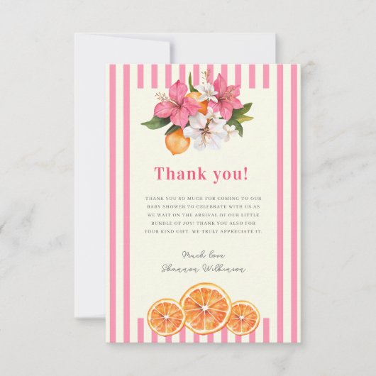Pink Stripe Floral Baby Shower Thank You card Bedankkaart (Voorkant)