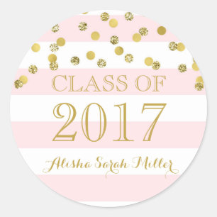 Pink Stripe Gold Confetti Afstuderen Klasse van 20 Ronde Sticker