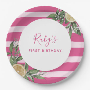 Pink Stripe Lemon Citrus eerste verjaardagsfeestje Papieren Bordje