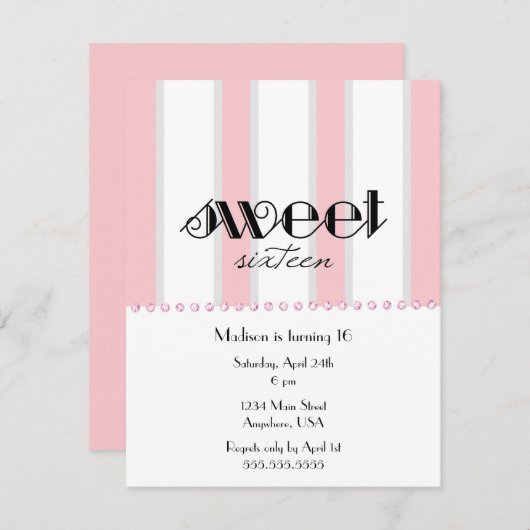 Pink Stripe Sweet 16 Invitation (Devant / Derrière)