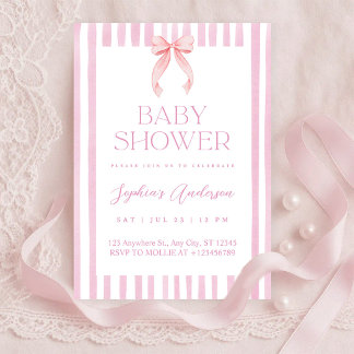 Pink Striped Bow Baby Shower Kaart