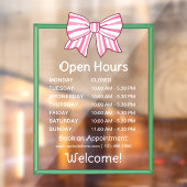Pink Striped Bow Green Frame Open Hours Number Raamsticker (Vel 2)