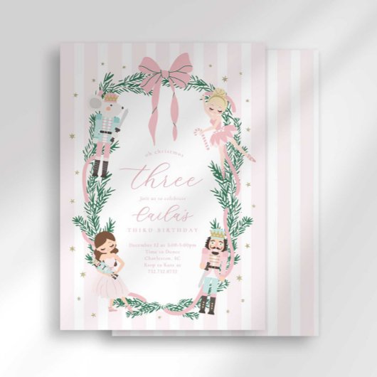 Pink Striped Bow Nutcracker Ballet Third Birthday Kaart