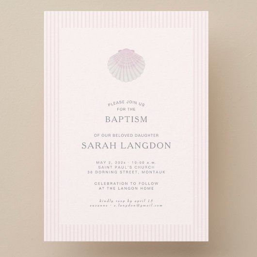 Pink striped coast shell baptism Invitation Kaart