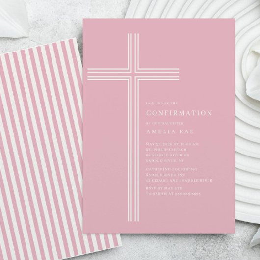 Pink Striped Confirmation Invitation Kaart