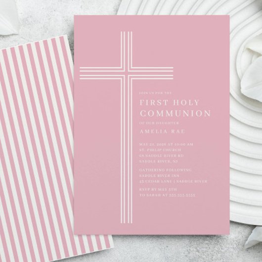 Pink Striped First Communion Invitation Kaart