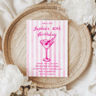Pink Striped Martini 30th Birthday – Chic Adult Kaart