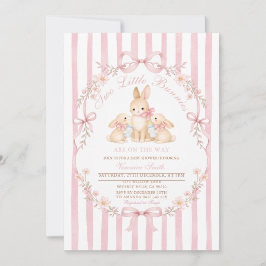 Pink Striped Twins Bunnies Baby Shower Invitation (Devant)