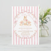 Pink Striped Twins Bunnies Baby Shower Invitation (Debout devant)