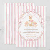 Pink Striped Twins Bunnies Baby Shower Invitation (Devant / Derrière)