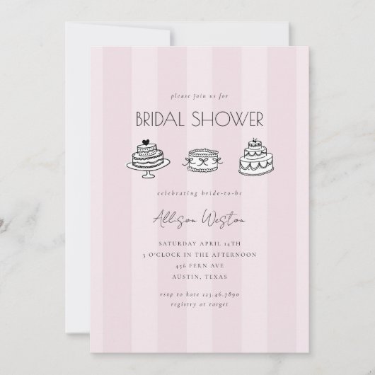 Pink Striped Vintage Cake Bridal Shower Invitation (Devant)