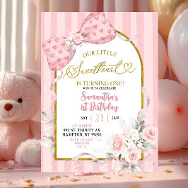 Pink Stripes Coquette Sweetheart First Birthday Kaart